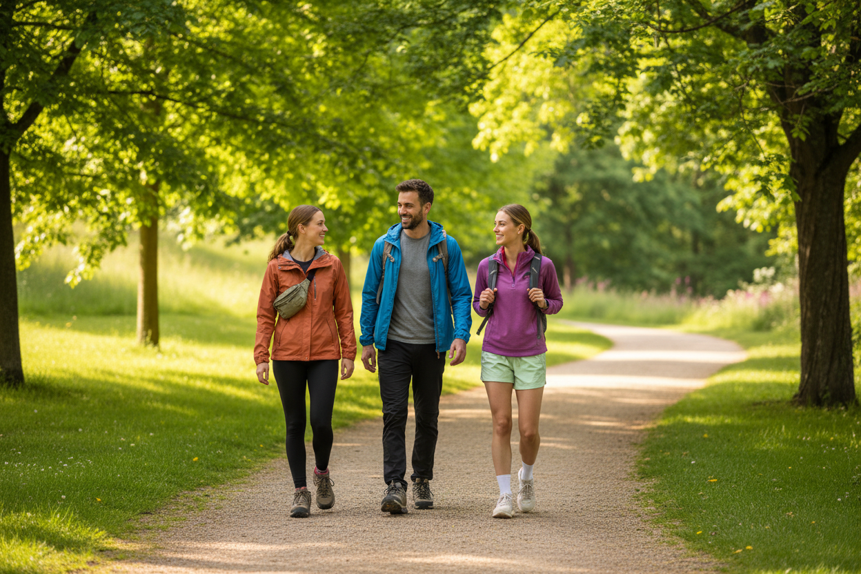 1 mann und 2 frauen mit outdoorbekleidung gehen im park spazieren