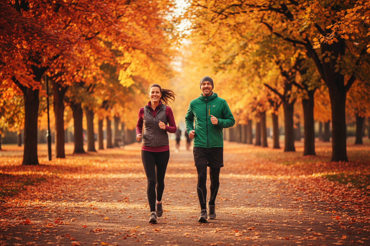 joggendes pärchen von vorne im herbst im park